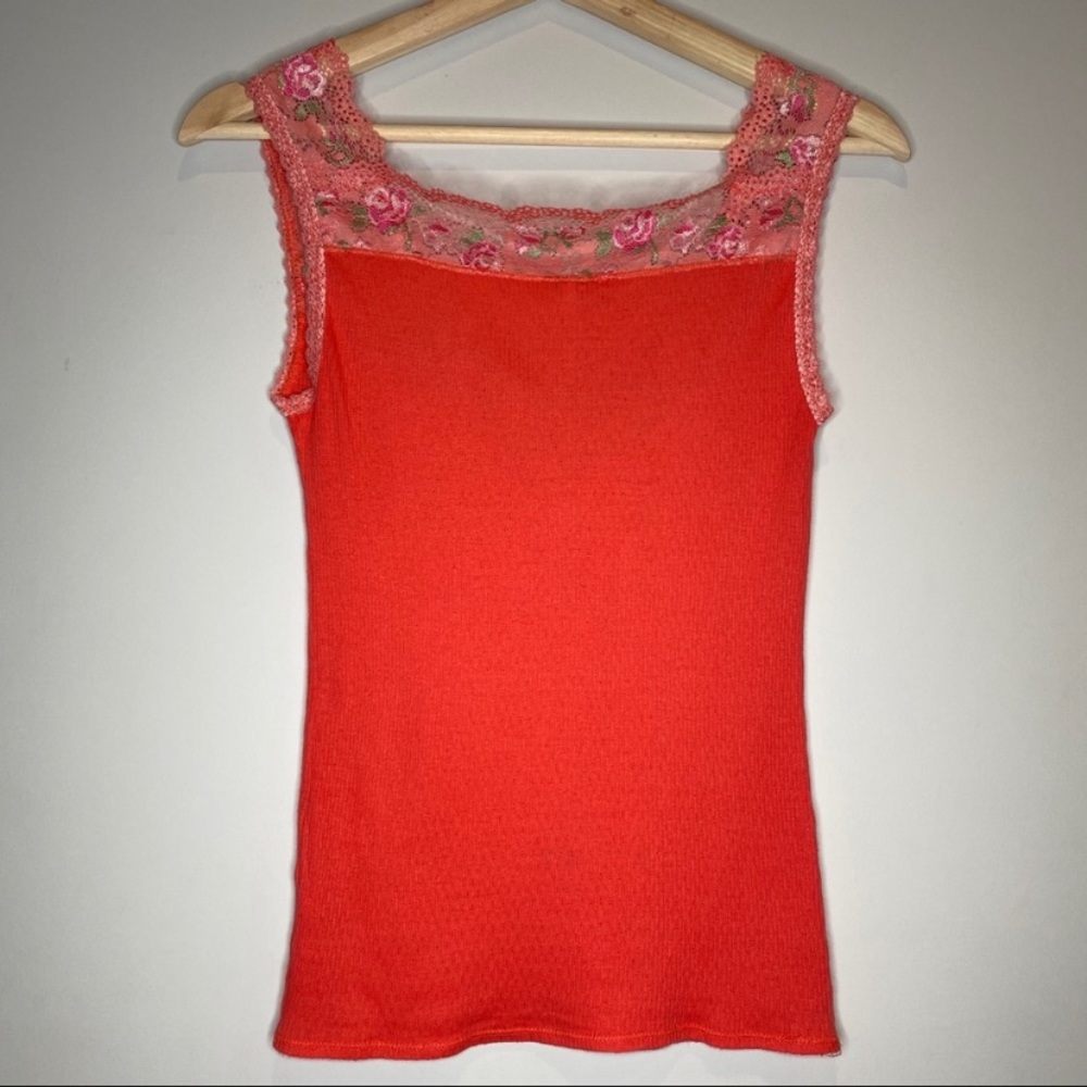 Y2K Free People Coral Ribbed Lace Neckline Tank Top - Picture 8 of 9